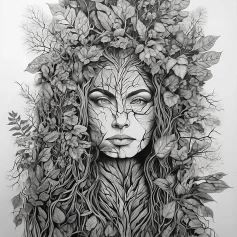 a detailed detailed woman druid made of tree roots, extremely detailed 8k, masterpiece, painting)), ink art, flowers and leaves to decorate around