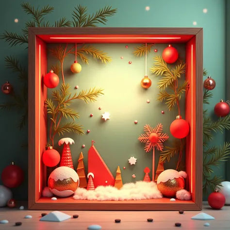 Painting frame,  front view ,  shapes with Christmas decorations, Tree and leaves,  red LED lights , red spheres , green and gold, landscape format, Pitched box