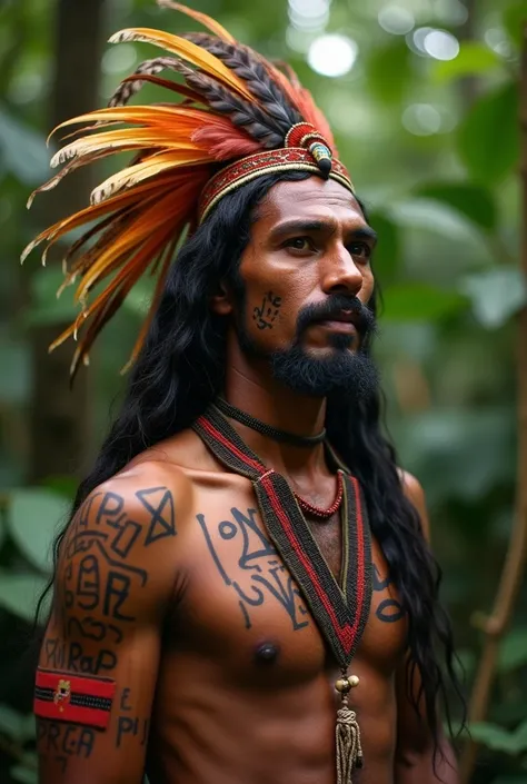 " A proud Sateré-Mawé indigenous man from the Brazilian Amazon , with smooth , bronzed and without facial hair ,  personifying the authentic biotype of his tribe . Your long hair,  dark and smooth flowing freely ,  adorned with a vibrant feather headdress ...