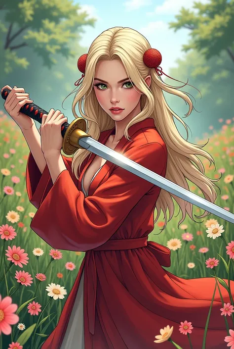 adult woman, with long wavy hair, Rubios , olive green eyes, Look something serious , in her hands a sword with a silver handle,  with a red Hanfu style dress  , Asian accessories in her hair , in a field of flowers,   style webtoon comic art style webtoon...