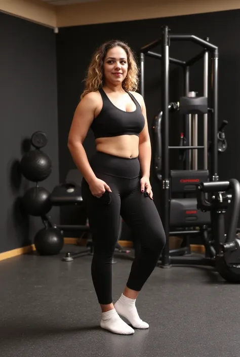 Hot 40 year old woman standing at the gym wearing a black gym bra, long black gym leggings and white short ankle socks, covering her legs where her skin and round navel deep cleavage are visible above the ankles (full body shot zoomed in) showing her legs ...