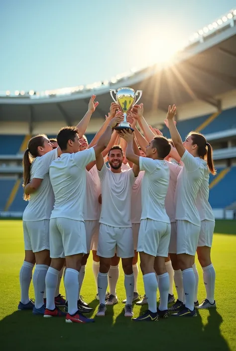 Soccer team in white uniform celebrating and raising a cup 