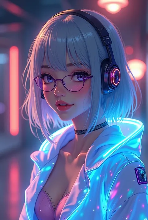 A photo of an anime-style woman in her twenties with confident smile. She is wearing large, futuristic headphones and small, comfortable glasses. Her silver hair has a glowing-in-the-dark effect and falls softly around her face. She is wearing holographic ...