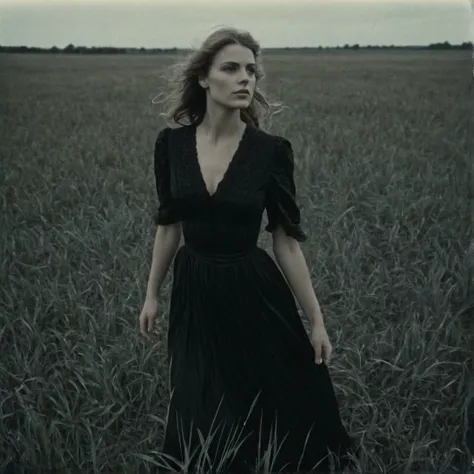 Analog film photo Ferrania P30 film desaturated, 35mm photo, grainy, vignette, vintage, Kodachrome, Lomography, grainy, vignette, vintage, Kodachrome, Lomography, stained, very detailed, woman in a black dress standing in a field, by Kati Horna, windy mood...