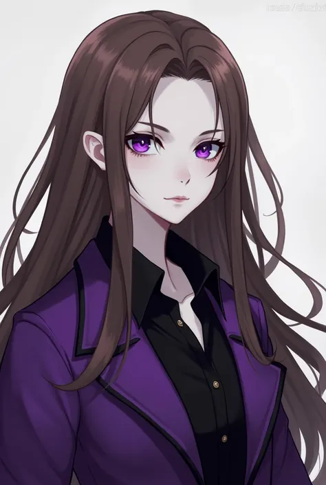 1 ,  long hair,  brown hair , Albino skin, violet eyes, Wearing a purple overcoat with a black shirt underneath, art RPG.