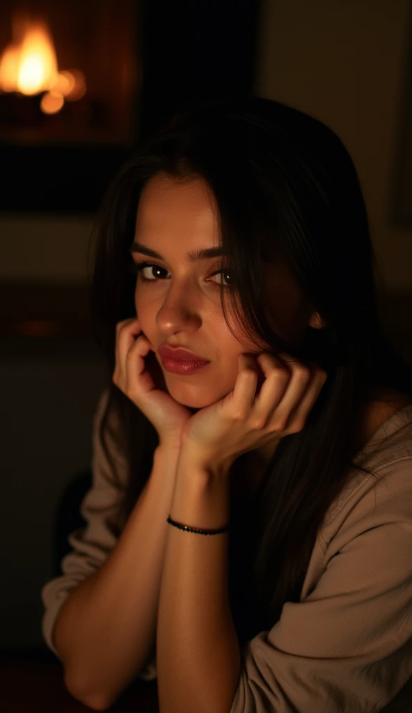 "A close-up of a woman sitting in a dimly lit room, illuminated by a soft, warm light source, such as a log fire or a single bulb. The woman has an expressive, contemplative facial expression, with her long, dark hair partially covering one side of her fac...