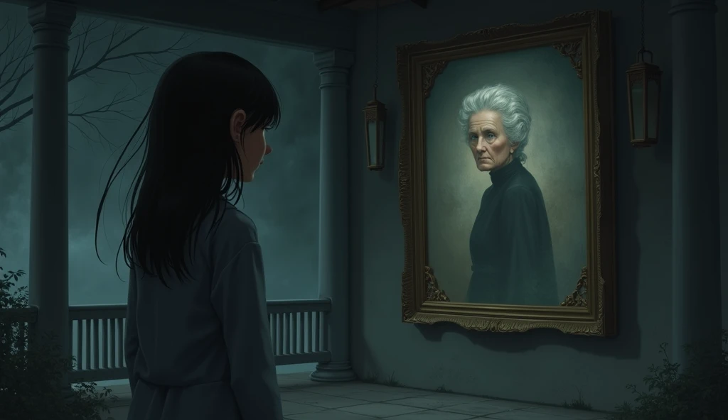 In the gloomy  , dark pavilion, a girl sees the portrait of her grandmother on the wall, and inside the portrait there is a picture of her grandmother looking in the mirror.