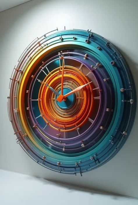  A clock whose dial is made up of several concentric circles that rotate independently.  Each circle has a different color and each one represents a unit of time  (Hours, minutes,  Seconds ). as time goes by, the circles rotate at different speeds .