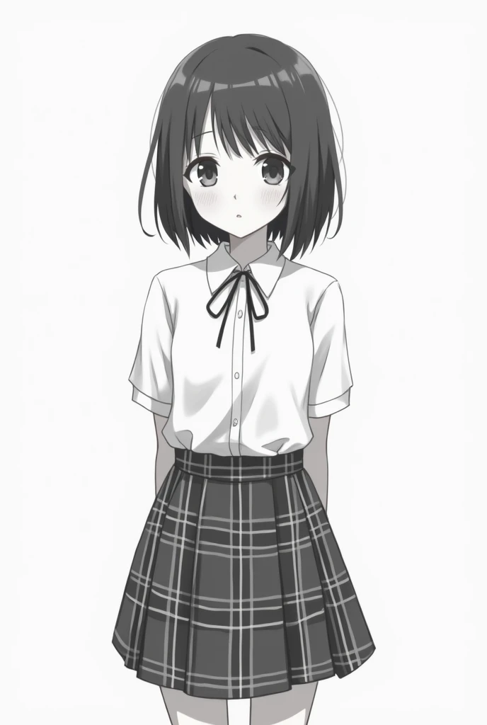  Anime teenage girl with white shirt and bow plaid design similar to that of the skirt,  in shades of gray and white lines and the skirt has a checkered design in dark tones , predominantly gray ,  with white lines that form the pattern 