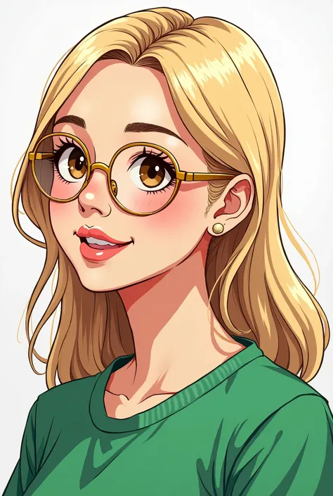 Style manga, A 30 year old woman, white with brown eyes. She is blonde with lighter highlights. The hair is long and straight. She wears gold rounded glasses.. She has a thin nose and full lips.. She is smiling and wearing a green top.. Elle est extraverti...