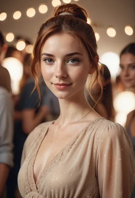 cinematic photo a 25 year old Caucasian  girl at a casual house party, looking directly at the camera with a seductive smile. beige laced chiffon dress, Auburn hair in a ponytail, freckled face. 35mm photograph, film, bokeh, professional, 4k, highly detail...