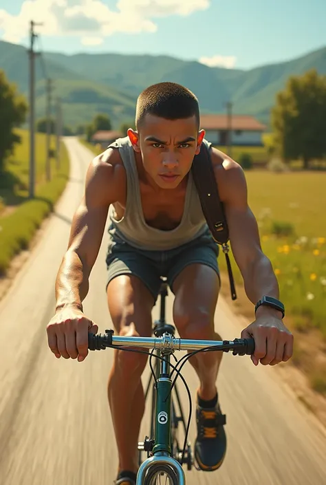 A buzz cut latin teenage who pushing a bike with high speed in a countryside road, and have a guitar by his side, the weather is hot. The angle is side