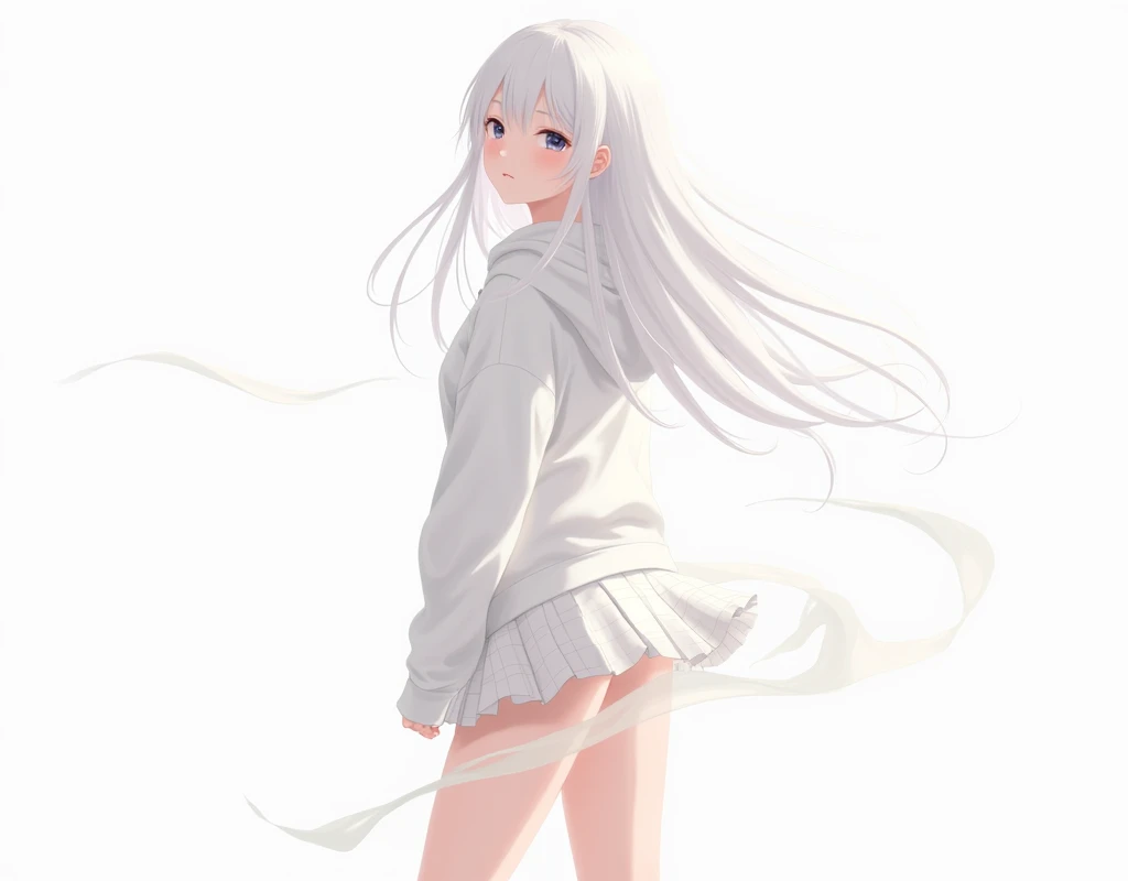 In a white hoodie,  Anime girl wearing a short white check skirt over white panties,  Long white hair ,  There is a thin, long white fabric on the back , Slightly flinch the skirt