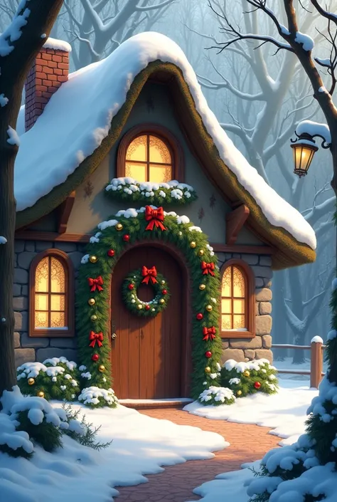 his Christmas scene at Snow White’s Cottage sounds like a truly magical winter wonderland, perfect for the serene beauty and calm nature of Snow Whites story! Let’s picture every detail of this enchanting setting: The Cottage Exterior Nestled in a snowy fo...