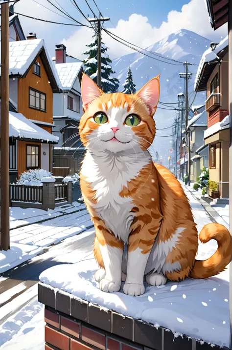 Smiling Cat,Residential Street,Snowfall,Snowfall, high definition , masterpiece,  Anatomically Correct,  very detailed,  Ultra High Definition, 