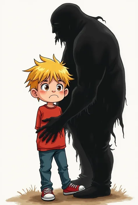 Draw a seven-year-old blond boy with yellow and gold hair with brown eyes with a very scary face and the shadow in black of a big, ugly adult wanting to touch your private parts of the s body and the comment NO