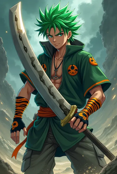 Young Naruto style man and demon slayer shonen jump ,  green hair and green eyes with a very large very thick sword
 , In his hands he wears gloves with a tiger print logo and on his shirt a tigers claw