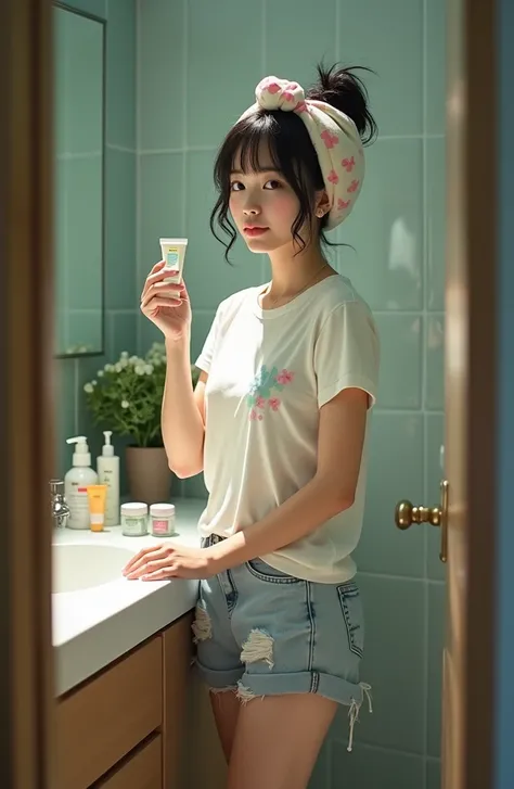 Bright bathroom、( wash your face and wipe it with a towel 、 Japanese  high school student working on skin care)、cuteお化粧道具、makeup、(Get wet hair up 、 bun hair、oversized hair turban headband)、 T-shirts and shorts in various patterns and colors、 Full Body Port...