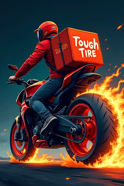  A logo like a drawing of a delivery man with a large square backpack that says tough tire, on a black sports bike that its tires are on fire .