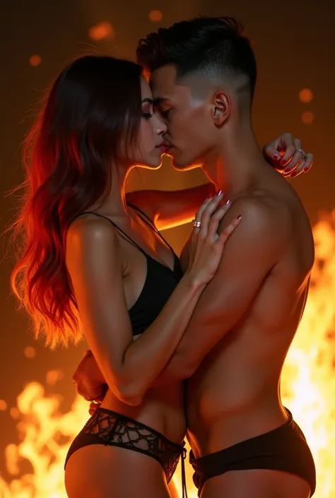 A female and male couple dressed in sexy underwear kissing a background with surrounding flames , beautiful young Korean woman long straight hair red hair color with black highlights  ,blue eyes and a wedding ring  ,  Young Puerto Rican muscular boy of 24 ...