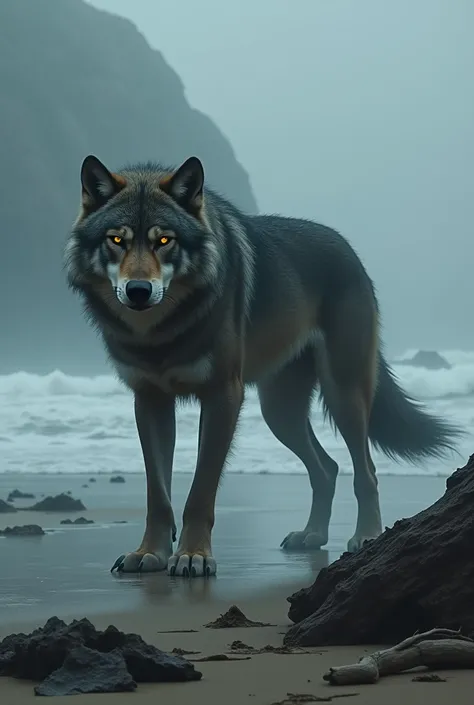 Wild wolf on the sinister beach 