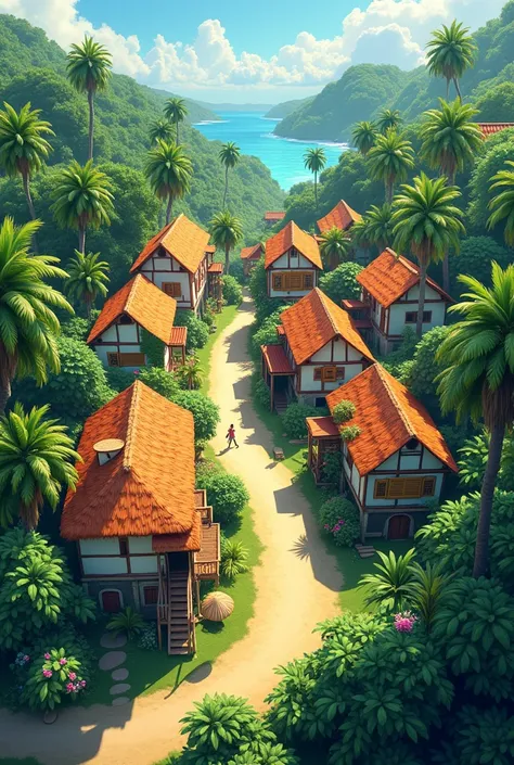  create a location seen from above with several buildings and colorful villages, vertical gardens and several coconut trees and coconut plantations 