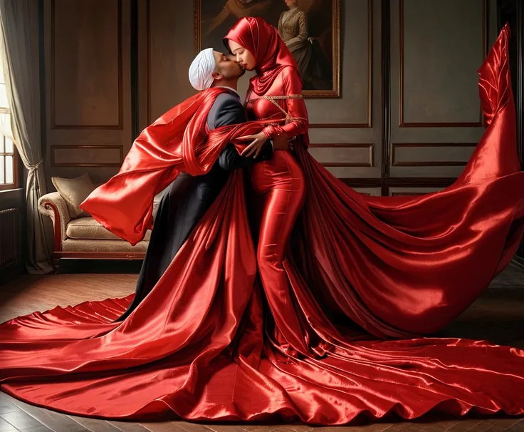 A asian man with suit kiss a woman who shrouded in a 10-meter-long, plush red satin shimmer cloth, tightly bound and grandly draping along the form of her body, flowing off into a pooled floor-length train, styled in a mermaid-inspired outfit, her head mod...