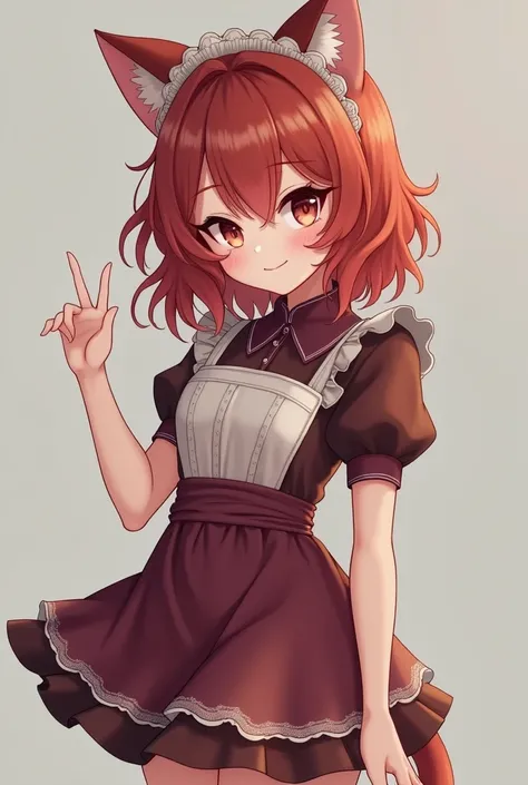  Please draw an 18 year old girl with red brown hair with cat ears 。The length of the hair should be slightly above the shoulders and apply a perm 。 Please wear burgundy maid clothes and the skirt length is above the knee。