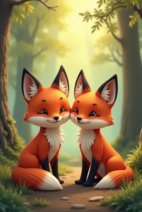 a couple of foxes sitting next to each other in the woods,  Adorable digital painting ,  cute digital art , fantasy fox love,  cute digital art  e detalhada, cute art,  Cute cartoon , cute fox, So cute, cute animals, cute 3d rendering, adorable and cute, c...