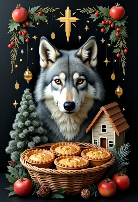 Please, , generate a wallpaper for Tarot cards   ,  ,  mixing the following repeated elements  : little gray wolf head  , small Christmas tree , Small house,  a small wicker basket of pies ,  but which is not represented by the image of people   ,   are mo...