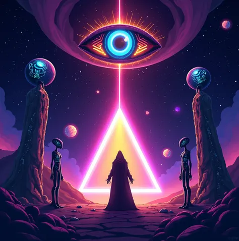 Create a bold, high-quality cartoon-style cosmic illustration using only the colors purple (#6A0DAD), neon blue (#00FFFF), golden orange (#FFA500), and black (#000000)

Place a shadowed figure in the center of the triangle, standing before a radiant portal...