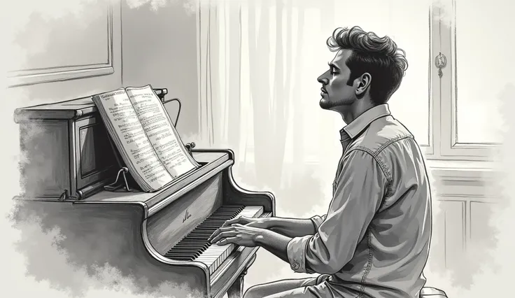 Sketch of a man dreaming of a woman playing the piano