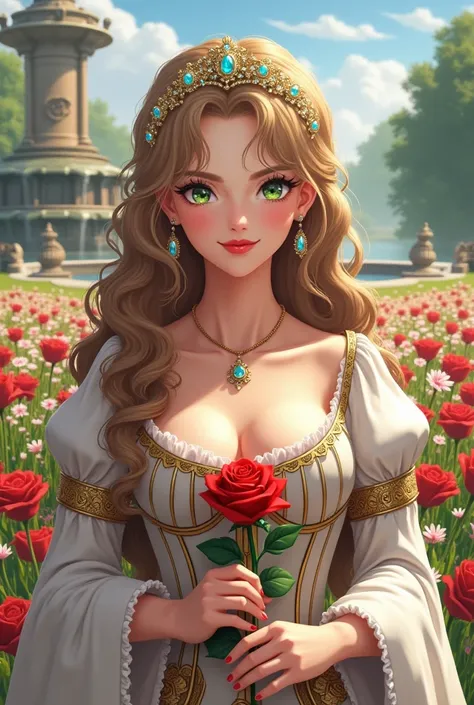 adult woman, with long curly hair , light brown ,  green eyes,  smiley look ,  red lips, in her hands a red rose  ,  wearing a white and gold tudor dress  , accessories a gold tiara with blue gems in her hair, in a field of flowers behind a fountain , arte...