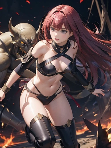   best quality、torture、  slave、restrict、Bondage、Captured by a monster、1 :5、、 beautiful woman with very long reddish pink hair（ messy hair ）、Covered in scars、ragged white armor  （ small breasts、  clevis、  off shoulder 、 sleeveless、No elbow pads、belly button...