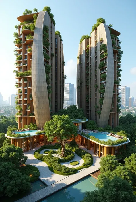 Build me a 10-storey high-rise building that is modern and sustainable in architectural style and the house has a proven form from nature,  there are two towers in the same building style and a 3-storey building with the same style as well and the ground f...