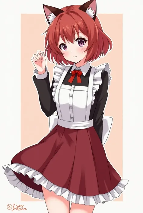  Please draw an 18 year old girl with red brown hair with cat ears 。The length of the hair should be slightly above the shoulders and apply a perm 。 Please wear burgundy maid clothes and the skirt length is above the knee。