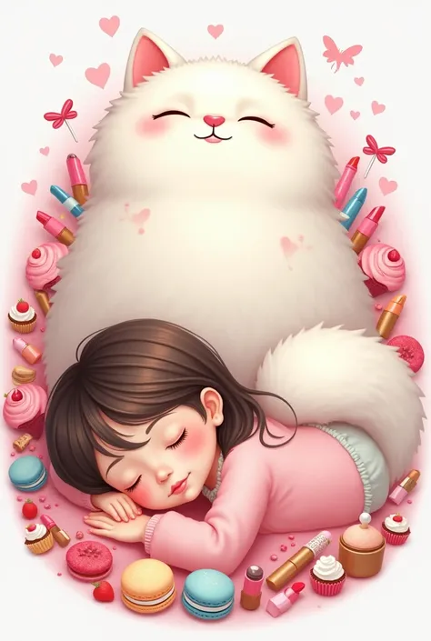 Create a logo with a big white cat in the background, a girl sleeping in the middle in the front, and lots of sweets and lipstick on the sides.