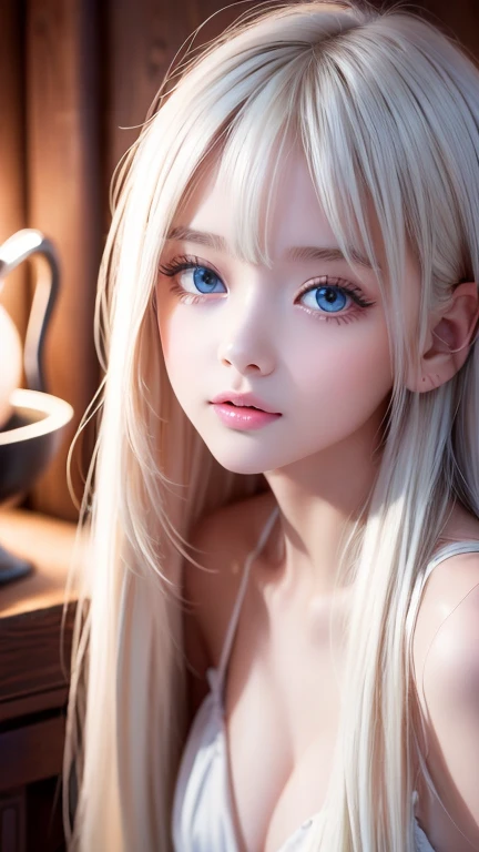 Extremely beautiful, super beautiful, super long platinum blonde, very white, beautiful girl 、 mastepeas,  BEST QUALITY IN THE NORDIC PORT TOWN, Illustration, Super detailed,  Fine Details ,  high definition ,  8K Wallpaper ,  perfect dynamic composition i...