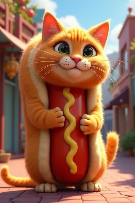 A cat with a Pixar-style hotdog body