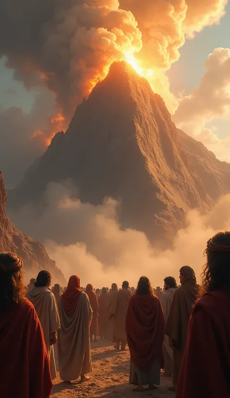 The Israelites gathered at the base of Mount Sinai, looking up in awe and fear as the mountain is engulfed in smoke and fire, symbolizing God’s presence.