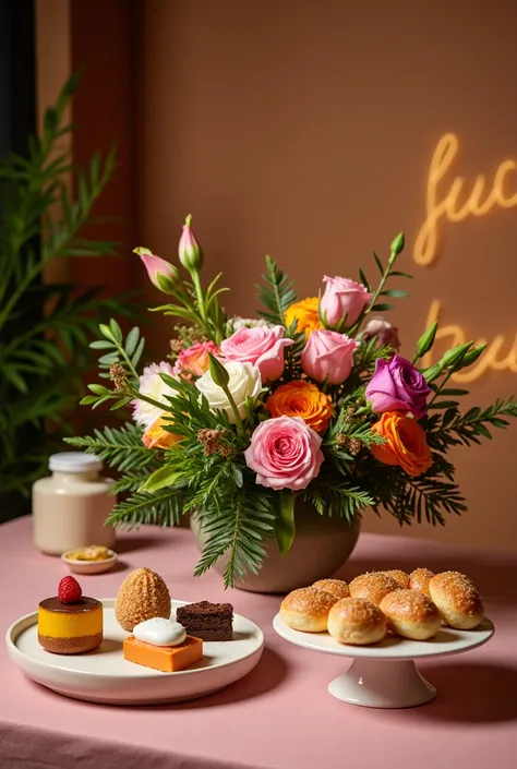 detailed snack and flower bouquet brochure, studio lighting, 4k, photorealistic, professional photography, elegant, lush bouquet of colorful flowers, delicious pastries and desserts, high-end branding, sophisticated, warm color palette, soft bokeh backgrou...