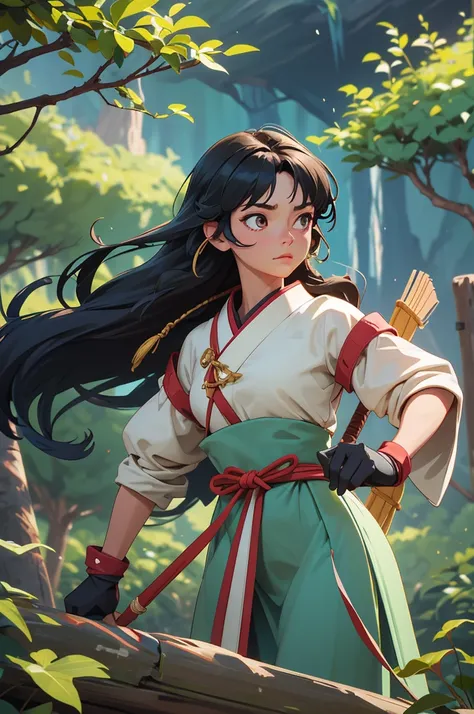 "Depict Kushinadahime, a lively and spirited princess raised in the mountains, in a full-body portrayal, focused on hunting. She stands poised, her body slightly bent in a hunters crouch, eyes locked on her target. Her long, sleek black hair flows freely i...