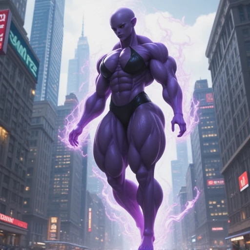 An extremely buff and pretty alien lady with purple shinnwearing a black sleeveless and legless one piece bodysuit. She is hovering above the ground in a city with a powerul aura around her. 