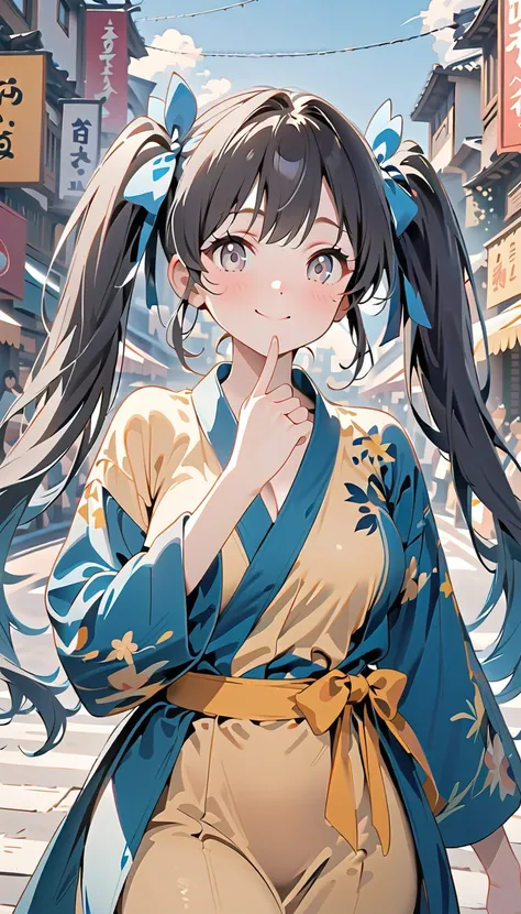 (masterpiece, highest_quality), very be familiar with cg unity 8k wallpaper, wonderful_Are you okay_figure, BREAK 1girl, (((grey eyes))), ((twintails, blue hair ribbon)), ((medium breasts)), long hair, wide hips, (((black hair))), (shy smile), anime style ...