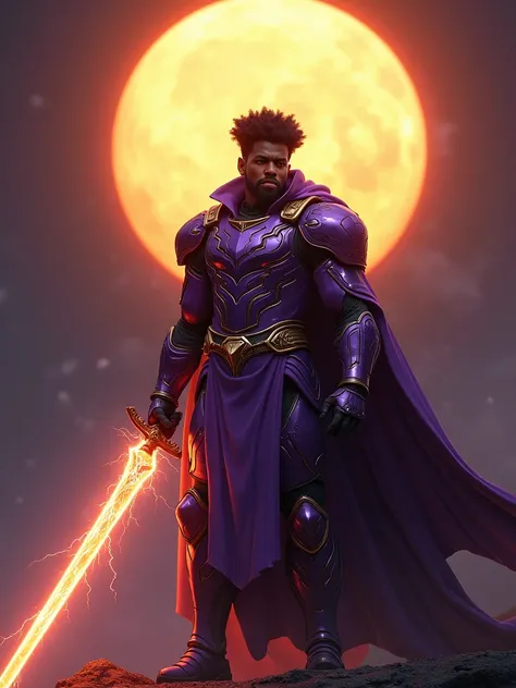 a black man. He has a black Afro. And a black beard. He is young. He is wearing purple and gold battle armor. He is holding a energy sword in his hand. He is standing in space. In front of the Sun.  Volumetric lighting