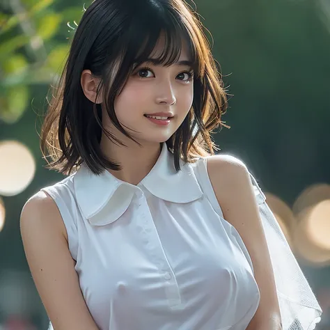 (​masterpiece, top-quality,  super A high resolution ), from side, (((very beautiful  girl))), Very cute girl,  Japanese woman in charge of horn,  short hair ,  Very Cute Face ,  glossy lips , Double eyed , A cheerful smile,  natural makeup,  has long eyel...