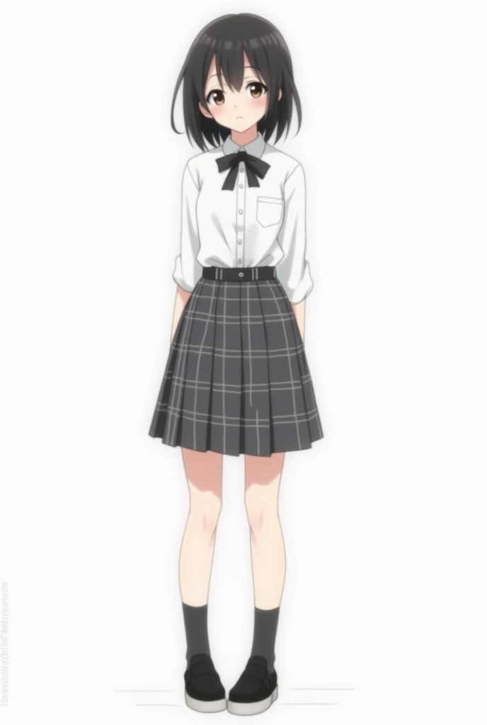 Color Anime teen girl with white shirt and bow plaid design similar to the one on the skirt,  in shades of gray and white lines and the skirt has a checkered design in dark tones , predominantly gray , with white lines that form the pattern and with black ...