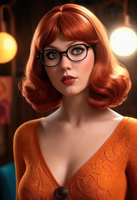 A sensual young woman with red hair, dressed as the character Velma from Scooby-Doo, in a sensual pose, realistic image, 1girl, beautiful detailed eyes, beautiful detailed lips, extremely detailed face and body, long eyelashes, photorealistic, 8k, ultra-de...