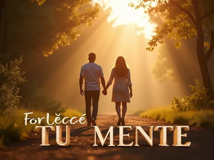 Create a cinematic and heartwarming YouTube banner featuring a serene and emotional scene of a couple walking hand-in-hand through a tranquil nature setting, like a sunlit forest path or a beach at sunset. The background should feature soft, warm golden li...