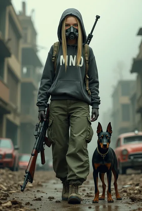 A blonde girl with straight and long hair wears a hoodie printed with the letters MNO wide cargo pants gas mask has bright green eyes she carries an AK 47 on her back she has a dark pet Doberman the scenario is apocalyptic with ruins of buildings and cars